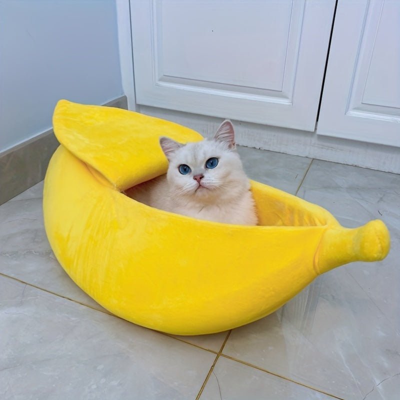 Banana - Shaped Cat Bed for Cats up to 5kg – Winter Warm, Anti - Cold, Cute Semi - Enclosed Design, Detachable, All - Season Use, Made with Soft Polyester and Polyester Fiber Filling - TopCat.BG