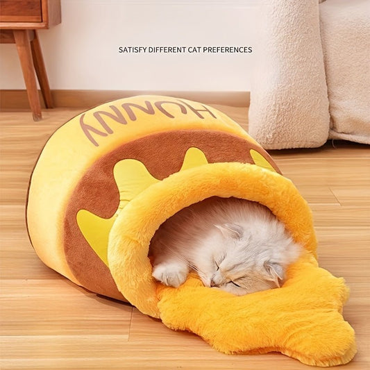 1pc Honey Jar Cat Bed Sofa - Plush Thick Fleece Cozy Warm Coverable Bed for Large Cats up to 8.0 KG, Removable Detachable Cover, Cute Honey Pot Design for Persian/ Cats, Durable Furniture - TopCat.BG
